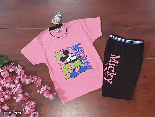 Stylish Pink Cotton T-Shirts With Shorts For Kids-thumb0