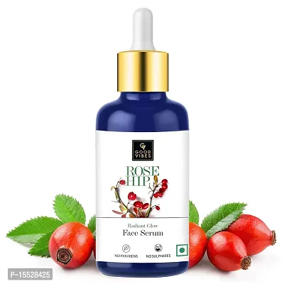 Good Vibes Rose Hip Radiant Glow Face Serum, 30 ml Light Weight Non Greasy Moisturizing Formula For All Skin Types, Natural, No Parabens  Sulphates, No Animal Testing