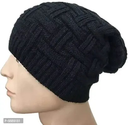 Black Beanie Cap with Fur Inside (Pack of 1)-thumb0