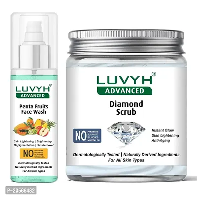 Luvyh Penta Fruits Skin Brightening and Glowing Fruit Infused Gel Face Wash (100ml) With Active Fruit Extracts Skin Lightening  Brightening Depigmentation Tan Removal Blush  Glow Face Wash and Luvyh Diamond Exfoliating Scrub (500g) for Skin Brightening, Firming, Anti Aging, Removes Dullness, Skin Impurities for All Skin Types No Parabens, No Mineral Oil, No Sulphate, No Silicone (Pack of 2)-thumb0