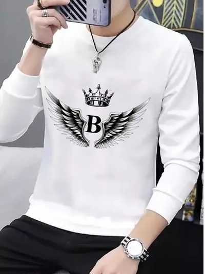 Stylish White Polyester Printed Round Neck Full Sleeve Tees For Men
