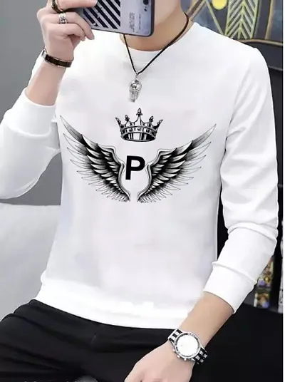 Stylish White Polyester Printed Round Neck Full Sleeve Tees For Men