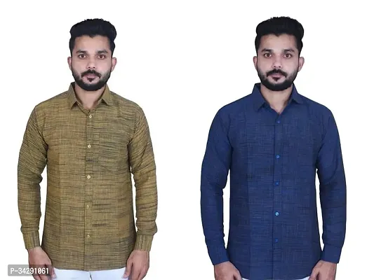 Stylish Khadi Cotton Long Sleeves Regular Fit Shirt For Men Pack of 2-thumb0