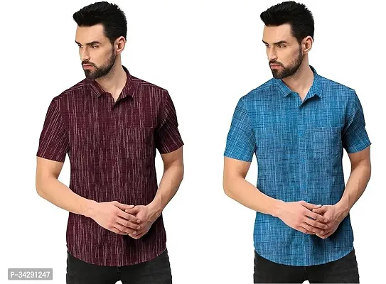 Stylish Khadi Cotton Short Sleeves Regular Fit Shirt For Men Pack of 2-thumb0