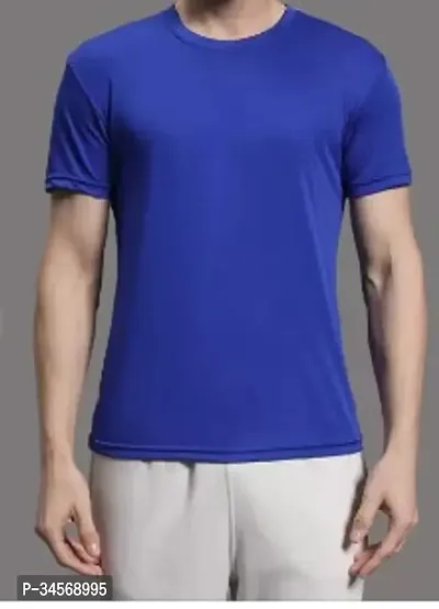 Reliable Blue Polyester Blend Solid Round Neck Tshirt For Men-thumb0