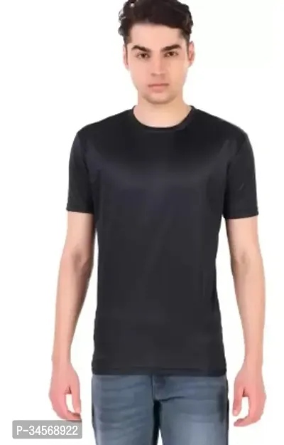 Reliable Black Polyester Blend Solid Round Neck Tshirt For Men-thumb0