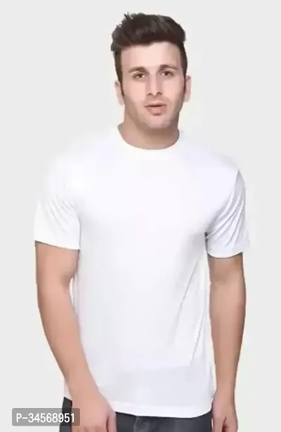 Reliable White Polyester Blend Solid Round Neck Tshirt For Men-thumb0