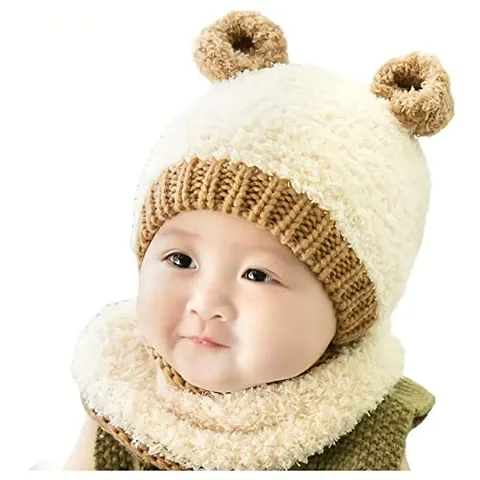 BRATS N BEAUTY? - Newborn Baby hat Set/Baby Plush Hats bib Suit Cap Set/New Cartoon Korean Bear Style Woolen Yarn hat Scarf Set (White Color)