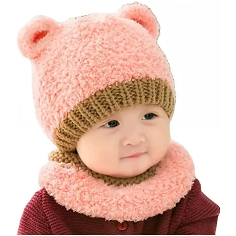 VINSON Newborn Baby hat Set/Baby Plush Hats bib Suit Cap Set/New Cartoon Korean Bear Style Woolen Yarn hat Scarf Set (Pink)