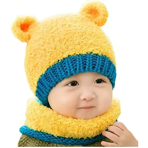 SIKANDER? - Logo Cute Lovely Beanie Cap/Newborn Baby Kids Girls Boys Winter Warm Knit Hat Scarf Set/Funny Double Balls Pompom Solid Color Gifts Cap - Yellow