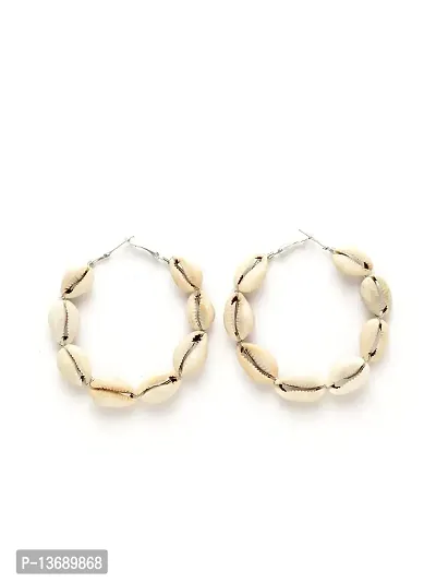 Ibtida Silver and White Beaded Oxidised Hoop Earrings-thumb0