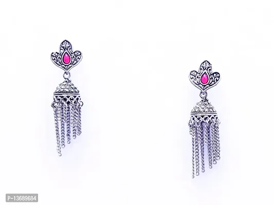 Silver-Toned & Red Oxidised Jhumka with Hanging Chain-thumb0