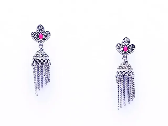 Silver-Toned & Oxidised Jhumka with Hanging Chain