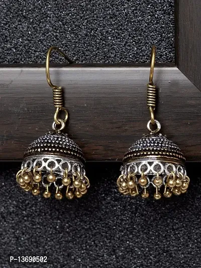 Ibtida Silver and Gold Oxidised Beaded Jhumka Earrings-thumb2