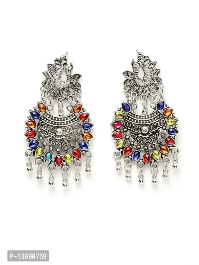 Ibtida Silver and Multi-colour Oxidised Chandbali Earrings