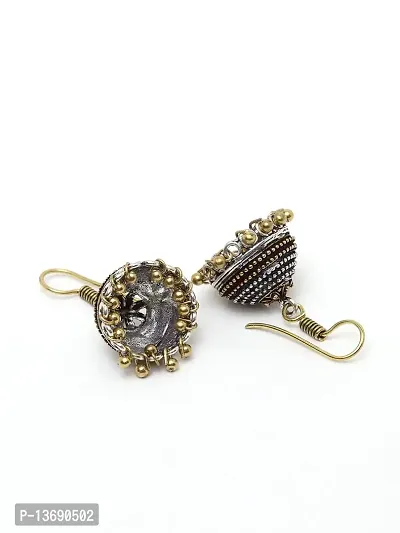 Ibtida Silver and Gold Oxidised Beaded Jhumka Earrings-thumb3