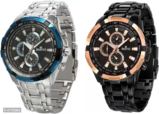 Stylish Multicolored Stainless Steel Analog Watch For Men Pack Of 2-thumb0