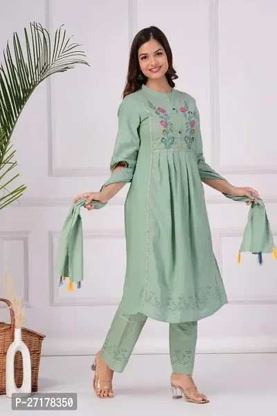 Beautiful Green Embroidered Cotton A-Line Kurta Pant With Dupatta-thumb2