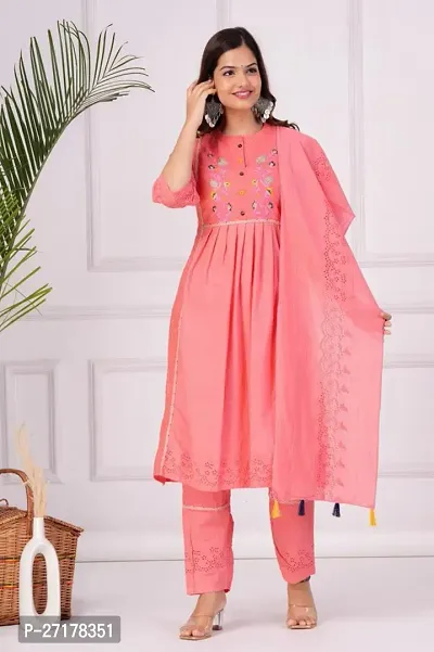 Beautiful Pink Embroidered Cotton A-Line Kurta Pant With Dupatta-thumb0