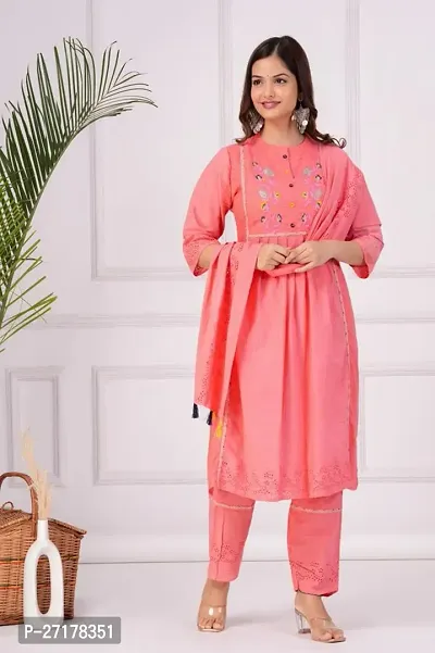 Beautiful Pink Embroidered Cotton A-Line Kurta Pant With Dupatta-thumb2