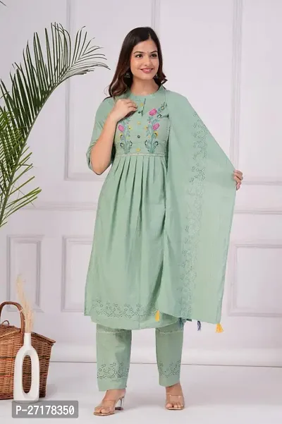 Beautiful Green Embroidered Cotton A-Line Kurta Pant With Dupatta-thumb0