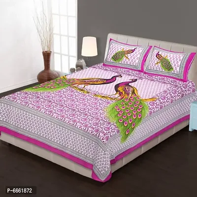 Pure Cotton Pink Peacock Jaipuri Print Bedsheet with 2 Matching Pillow Covers-thumb0