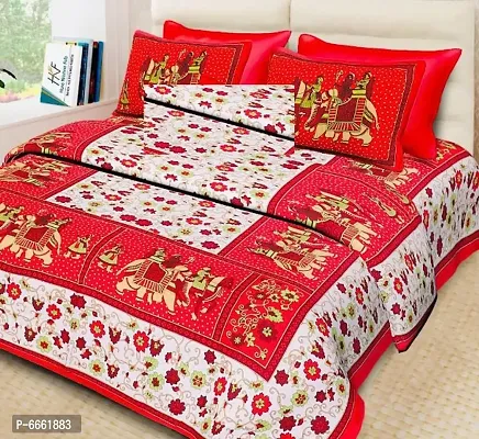 Pure Cotton Red Floral and Elephant Gangor Yatra Traditional Jaipuri Print Bedsheet with 2 Matching Pillow Covers-thumb0