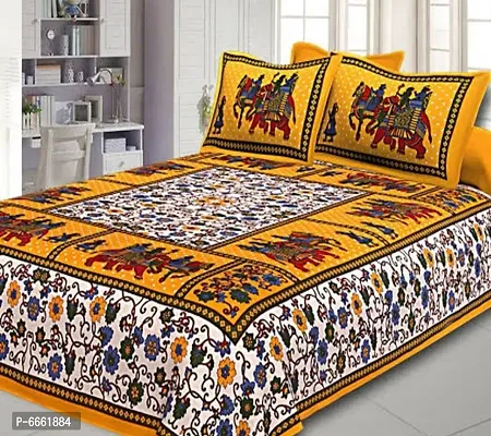 Pure Cotton Yellow Floral and Elephant Gangor Yatra Traditional Jaipuri Print Bedsheet with 2 Matching Pillow Covers-thumb0