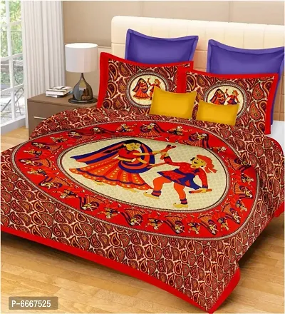 Pure Cotton Traditional Red Dandiya Jaipuri Print Bedsheet with 2 Matching Pillow Covers