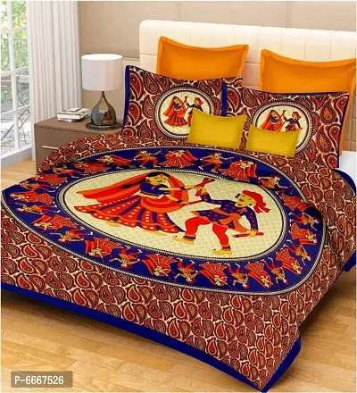 Pure Cotton Traditional Blue Dandiya Jaipuri Print Bedsheet with 2 Matching Pillow Covers-thumb0