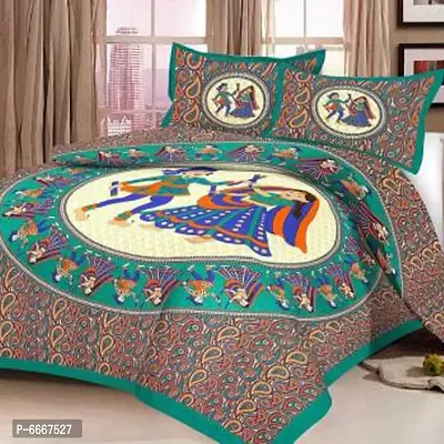 Pure Cotton Traditional Green Dandiya Dance Jaipuri Print Bedsheet with 2 Matching Pillow Covers-thumb0