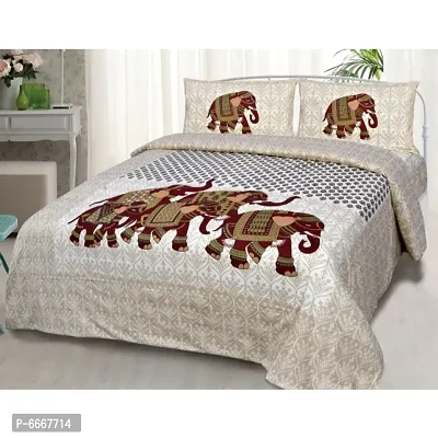 Pure Cotton Brown Elephant on Golden and White Base Print Bedsheet with 2 Matching Pillow Covers, Comfortable Bedsheet, Jaipuri Print Bedsheet