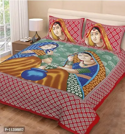 Raasthani Art Printed cotton double bedsheet with matching pillow covers