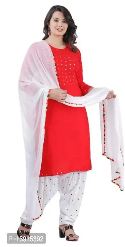 Red Rayon Kurti, Patiala and Dupatta Set-thumb0