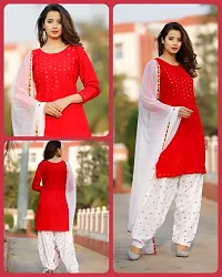 Red Rayon Kurti, Patiala and Dupatta Set-thumb2