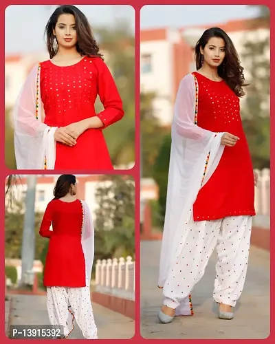 Red Rayon Kurti, Patiala and Dupatta Set-thumb3