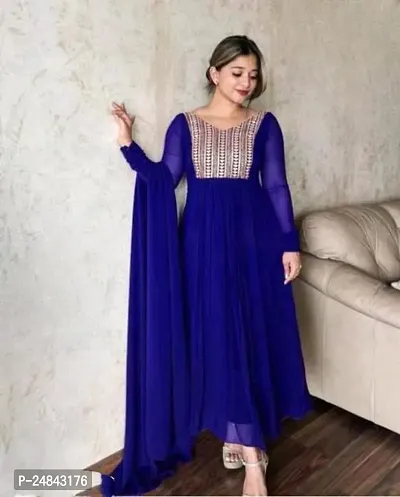 Elegant Blue Embroidered Georgette Gown with Dupatta Set For Women