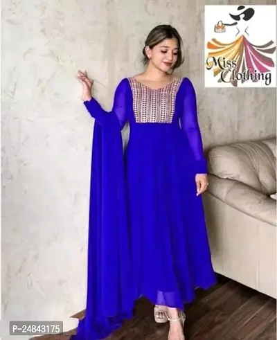 Elegant Blue Embroidered Georgette Gown with Dupatta Set For Women-thumb0