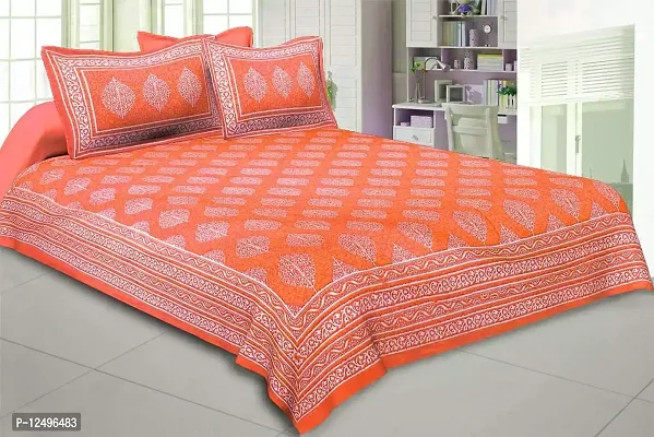 Parth Collection 300 TC Cotton Printed Double Bed Bedsheet Bedspread Traditional Rajasthani Jaipuri Printed Bedsheet with 2 Pillow Covers (Orange, Double (84 X 90 Inches))