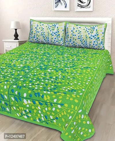 AOUDICHYA Queen Size Double Bedsheet Pure Cotton Rajasthani Jaipuri Traditional Printed Bedcover Bedsheet with 2 Pillow Covers (Green, Queen (90 inches X 84 inches))