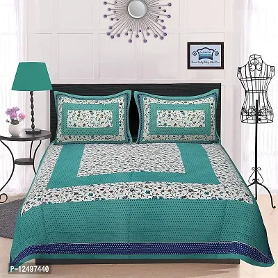 AOUDICHYA 300 TC Queen Size Double Bedsheet with Pillow Covers Pure Cotton Rajasthani Jaipuri Traditional Printed Bedcover Bedsheet with 2 Pillow Covers (Sea Green, Queen (90 inches X 84 inches))