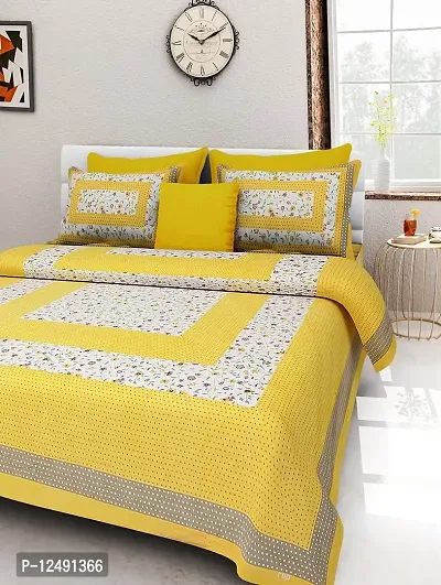 AOUDICHYA 300 TC Queen Size Double Bedsheet with Pillow Covers Pure Cotton Rajasthani Jaipuri Traditional Printed Bedcover Bedsheet with 2 Pillow Covers (Yellow, Queen (90 inches X 84 inches))-thumb0