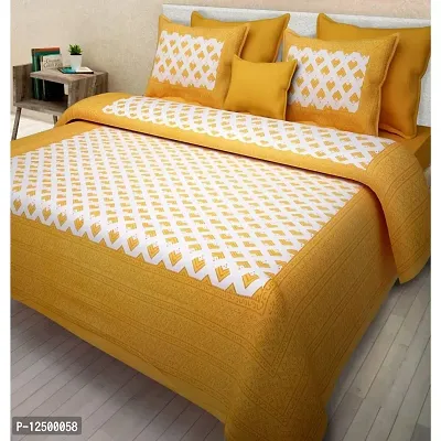 AOUDICHYA Queen Size Double Bedsheet with Pillow Covers Pure Cotton Rajasthani Jaipuri Traditional Printed Bedcover Bedsheet with 2 Pillow Covers (Yellow, Queen (90 inches X 84 inches))