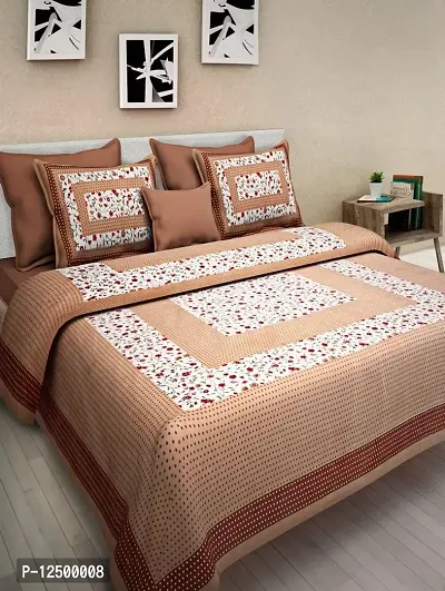 AOUDICHYA 300 TC Queen Size Double Bedsheet with Pillow Covers Pure Cotton Rajasthani Jaipuri Traditional Printed Bedcover Bedsheet with 2 Pillow Covers (Brown, Queen (90 inches X 84 inches))