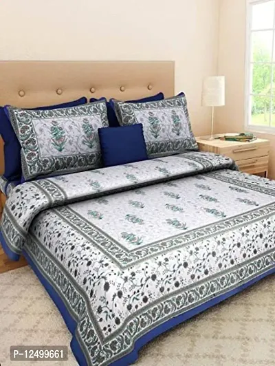 AOUDICHYA Queen Size Double Bedsheet with Pillow Covers Pure Cotton Rajasthani Jaipuri Traditional Printed Bedcover Bedsheet with 2 Pillow Covers (Blue, Queen (90 inches X 84 inches))