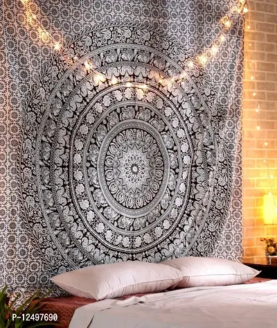 Parth Collection Cotton Elephant Mandala Hippie Single Bedsheet Tapestry Wall Hanging Beach Towel Picnic mat Decoration (Black and White, 54 x 84 inches)