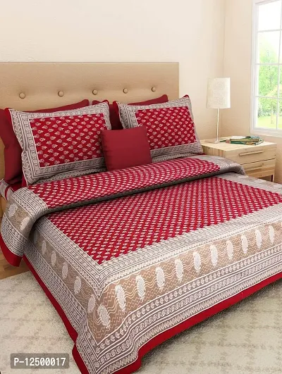 AOUDICHYA 300 TC Queen Size Double Bedsheet with Pillow Covers Pure Cotton Rajasthani Jaipuri Traditional Printed Bedcover Bedsheet with 2 Pillow Covers (Red, Queen (90 inches X 84 inches))