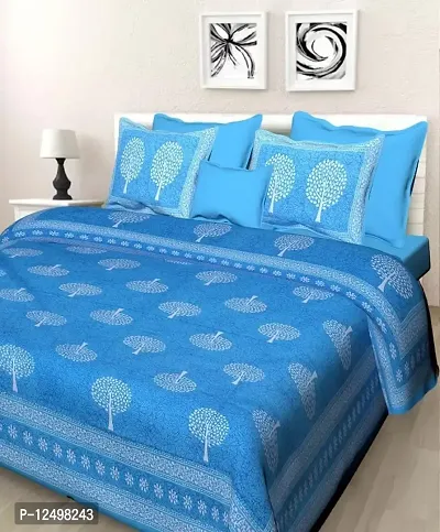 AOUDICHYA Queen Size Double Bedsheet Pure Cotton Rajasthani Jaipuri Traditional Printed Bedcover Bedsheet with 2 Pillow Covers (Turquoise, Queen (90 inches X 84 inches))-thumb0