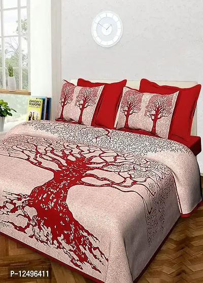 AOUDICHYA Tree Queen Size Double Bedsheet Pure Cotton Jaipuri Traditional Printed Bedcover Bedsheet with 2 Pillow Covers (Red)