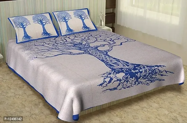 AOUDICHYA Tree Queen Size Double Bedsheet Pure Cotton Jaipuri Traditional Printed Bedcover Bedsheet with 2 Pillow Covers (Blue)-thumb0